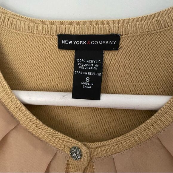 New York & Co Women’s Ruffle Front Button Closing Tan Color Crew Neck Cardigan - Picture 2 of 4